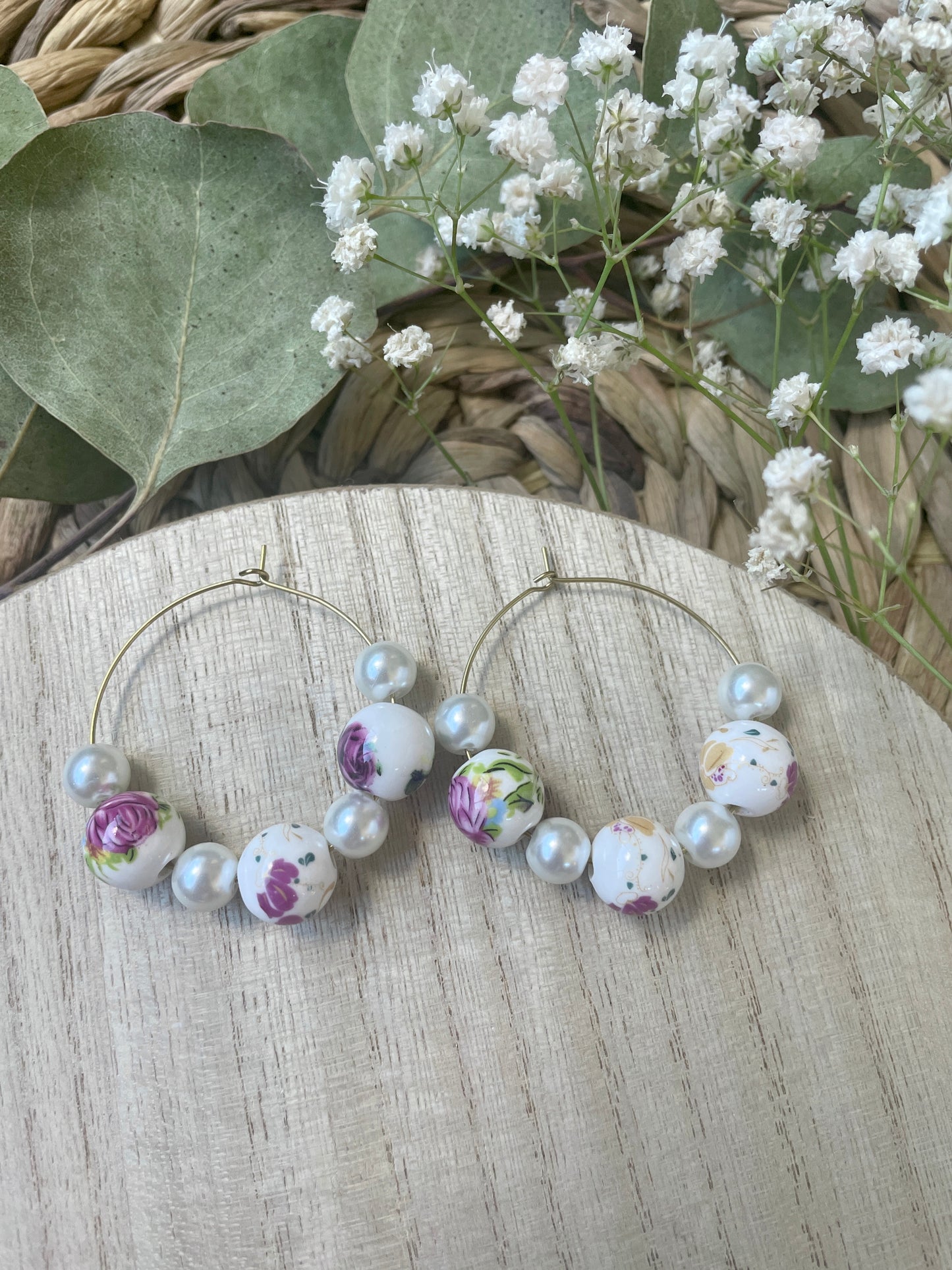 Beaded Hoops - Pink Floral